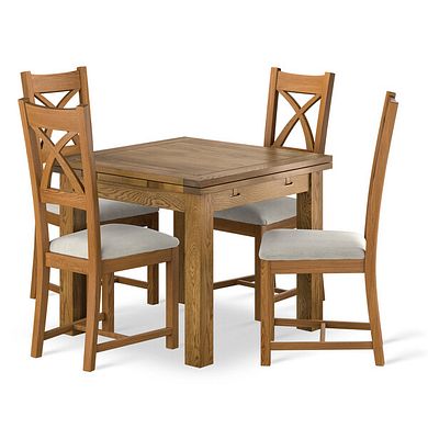 Sherwood Rustic Solid Oak 3ft x 3ft Extending Dining Table + 4 Cross Back Rustic Solid Oak Chair with Verona Cream Fabric Seat