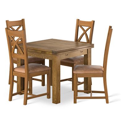 Sherwood Rustic Solid Oak 3ft x 3ft Extending Dining Table + 4 Cross Back Rustic Solid Oak Chair with Vintage Tan Leather Look Fabric Seat
