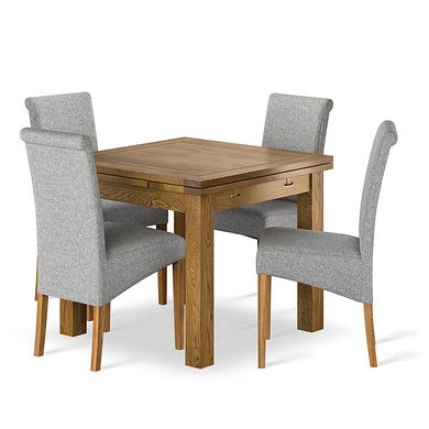 Sherwood Rustic Solid Oak 3ft x 3ft Extending Dining Table + 4 Scroll Back Chair in Conway Grey Fabric with Solid Oak Legs