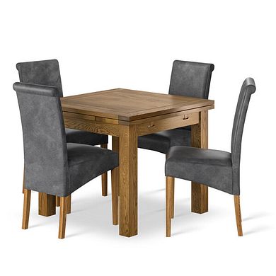 Sherwood Rustic Solid Oak 3ft x 3ft Extending Dining Table + 4 Scroll Back Chair in Vintage Black Leather Look Fabric with Oak Legs