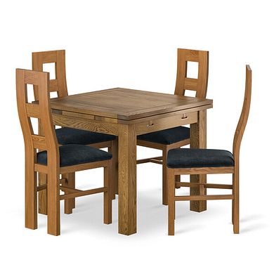 Sherwood Rustic Solid Oak 3ft x 3ft Extending Dining Table + 4 Wave Back Rustic Solid Oak Chair with Verona Charcoal Fabric Seat