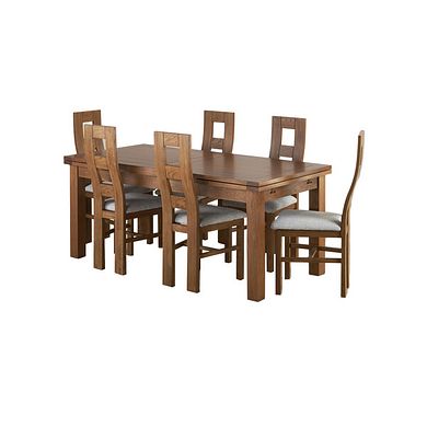Sherwood Rustic Solid Oak 6ft Extending Table and 6 Wave Back Rustic Oak with Plain Grey Fabric Seats