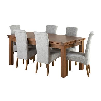 Sherwood Rustic Solid Oak 6ft Extending Table with 6 Scroll Back Plain Grey Fabric Chairs