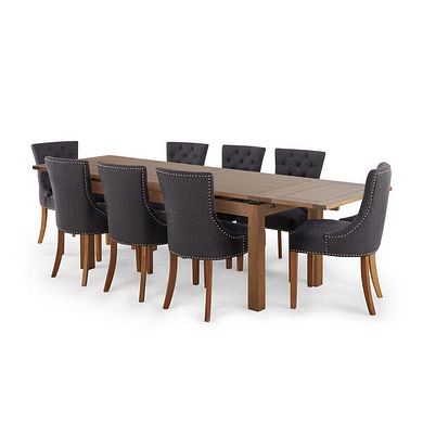 Sherwood Rustic Solid Oak 6ft x 3ft Extending Table with 8 Vivien Button Back Chairs in Grey Fabric