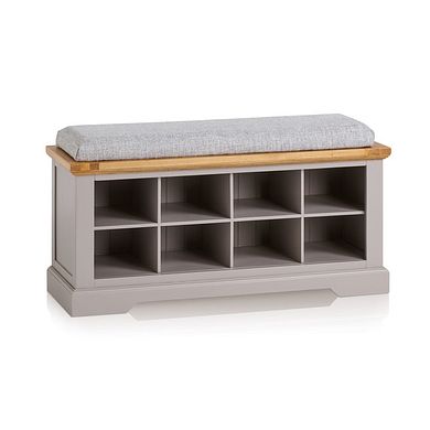 St Ives Natural Oak and Light Grey Painted Shoe Storage with Plain Grey Fabric Hallway Pad