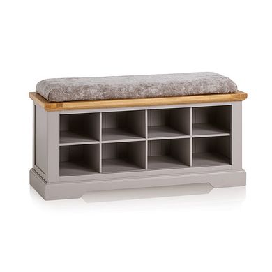 St Ives Natural Oak and Light Grey Painted Shoe Storage with Plain Truffle Fabric Hallway Pad