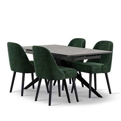 Trento Grey Ceramic Extending Dining Table + 4 Bette Chairs with Black Legs in Heritage Bottle Green Velvet