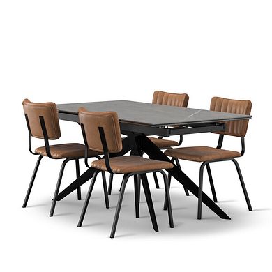 Trento Grey Ceramic Extending Dining Table + 4 Mason Chairs Vintage Tan Leather-Look fabric with Black Legs