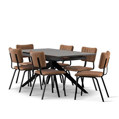 Trento Grey Ceramic Extending Dining Table + 6 Mason Chairs Vintage Tan Leather-Look fabric with Black Legs