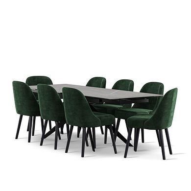 Trento Grey Ceramic Extending Dining Table + 8 Bette Chairs with Black Legs in Heritage Bottle Green Velvet