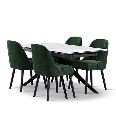 Trento White Ceramic Extending Dining Table + 4 Bette Chairs with Black Legs in Heritage Bottle Green Velvet