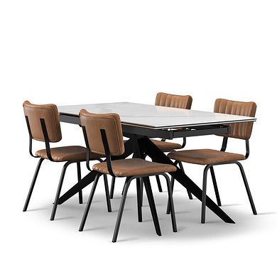 Trento White Ceramic Extending Dining Table + 4 Mason Chairs Vintage Tan Leather-Look fabric with Black Legs