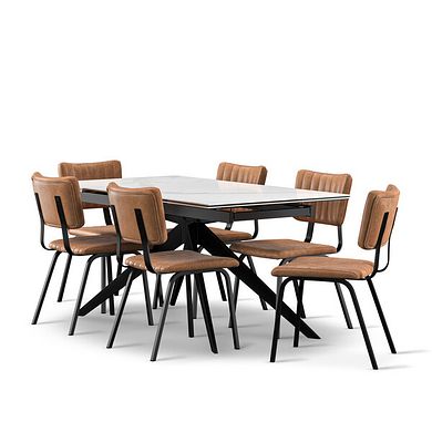 Trento White Ceramic Extending Dining Table + 6 Mason Chairs Vintage Tan Leather-Look fabric with Black Legs