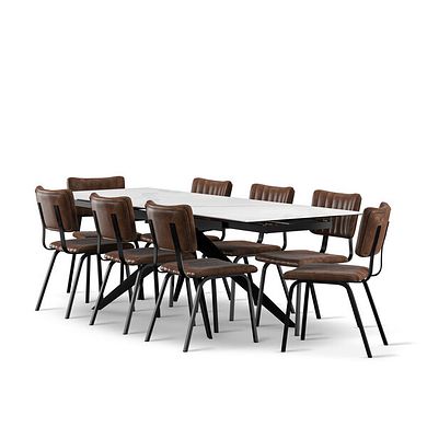Trento White Ceramic Extending Dining Table + 8 Mason Chairs Vintage Brown Leather-Look fabric with Black Legs