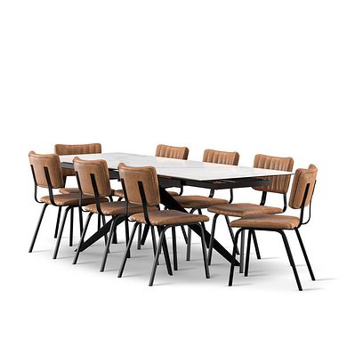 Trento White Ceramic Extending Dining Table + 8 Mason Chairs Vintage Tan Leather-Look fabric with Black Legs