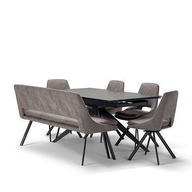 Trento Grey Ceramic Dining Table with 1 Dark Grey Nico Bench and 4 Dark Grey Nico Chairs