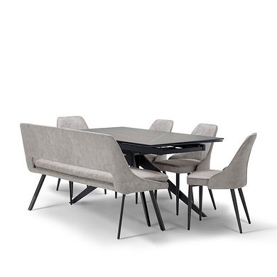 Trento Grey Ceramic Dining Table with 1 Light Grey Nico Bench and 4 Light Grey Aria Chairs