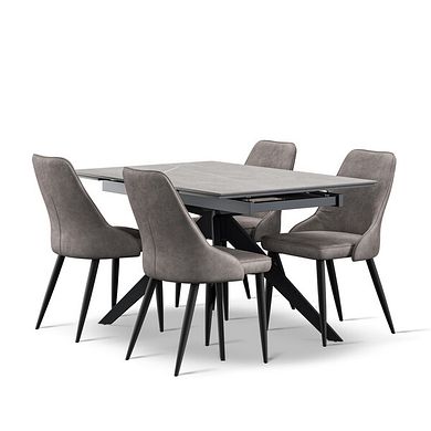 Trento Grey Ceramic Extendable Dining Table 130cm + 4 Aria Dining Chair in Dark Grey with Black Metal Legs