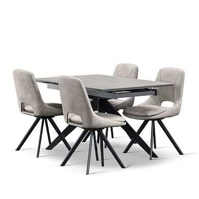 Trento Grey Ceramic Extendable Dining Table 130cm + 4 Nico Swivel Dining Chair in Light Grey with Black Metal Legs