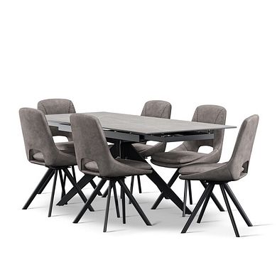 Trento Grey Ceramic Extendable Dining Table 130cm + 6 Nico Swivel Dining Chair in Dark Grey with Black Metal Legs