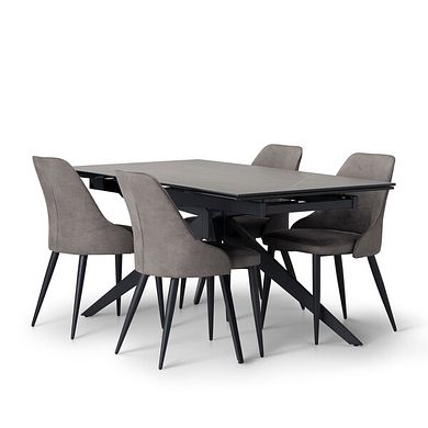 Trento Grey Ceramic Extending Dining Table + 4 Aria Dining Chairs in Dark Grey with Black Metal Legs