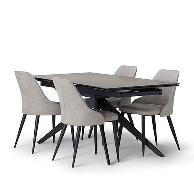 Trento Grey Ceramic Extending Dining Table + 4 Aria Dining Chairs in Light Grey with Black Metal Legs