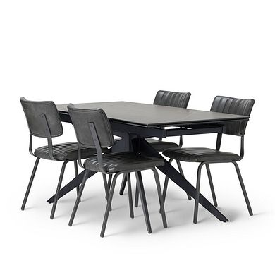 Trento Grey Ceramic Extending Dining Table + 4 Mason Chairs Vintage Black Leather-Look fabric with Black Legs