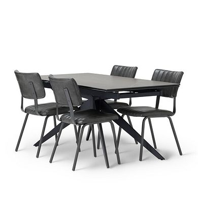 Trento Grey Ceramic Extending Dining Table + 4 Mason Chairs Vintage Black Leather-Look fabric with Black Legs