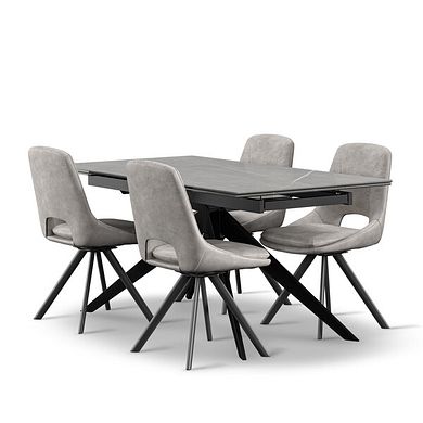 Trento Grey Ceramic Extending Dining Table + 4 Nico Swivel Dining Chairs in Light Grey with Black Metal Legs