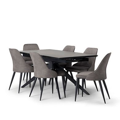 Trento Grey Ceramic Extending Dining Table + 6 Aria Dining Chairs in Dark Grey with Black Metal Legs