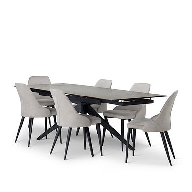 Trento Grey Ceramic Extending Dining Table + 6 Aria Dining Chairs in Light Grey with Black Metal Legs