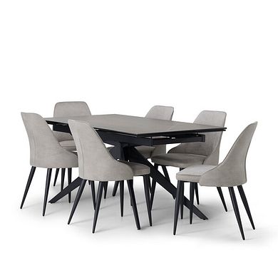 Trento Grey Ceramic Extending Dining Table + 6 Aria Dining Chairs in Light Grey with Black Metal Legs