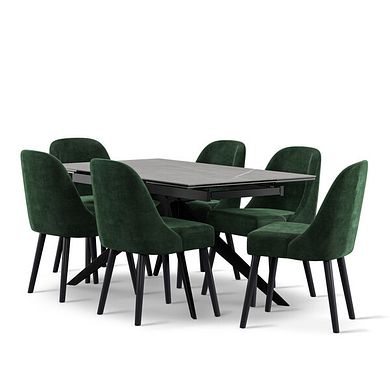 Trento Grey Ceramic Extending Dining Table + 6 Bette Chairs with Black Legs in Heritage Bottle Green Velvet