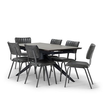 Trento Grey Ceramic Extending Dining Table + 6 Mason Chairs Vintage Black Leather-Look fabric with Black Legs