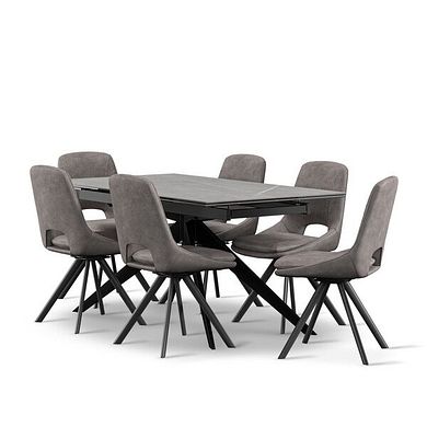 Trento Grey Ceramic Extending Dining Table + 6 Nico Swivel Dining Chairs in Dark Grey with Black Metal Legs