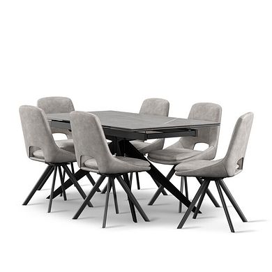 Trento Grey Ceramic Extending Dining Table + 6 Nico Swivel Dining Chairs in Light Grey with Black Metal Legs
