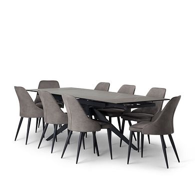 Trento Grey Ceramic Extending Dining Table + 8 Aria Dining Chairs in Dark Grey with Black Metal Legs
