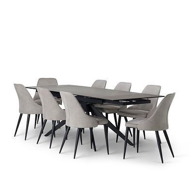Trento Grey Ceramic Extending Dining Table + 8 Aria Dining Chairs in Light Grey with Black Metal Legs
