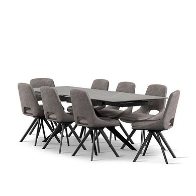 Trento Grey Ceramic Extending Dining Table + 8 Nico Swivel Dining Chairs in Dark Grey with Black Metal Legs