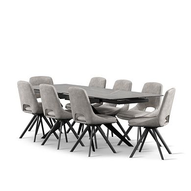 Trento Grey Ceramic Extending Dining Table + 8 Nico Swivel Dining Chairs in Light Grey with Black Metal Legs