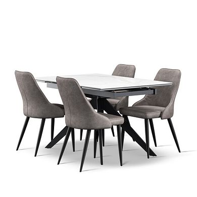 Trento White Ceramic Extendable Dining Table 130cm + 4 Aria Dining Chair in Dark Grey with Black Metal Legs