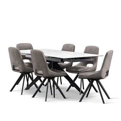 Trento White Ceramic Extendable Dining Table 130cm + 6 Nico Swivel Dining Chair in Dark Grey with Black Metal Legs