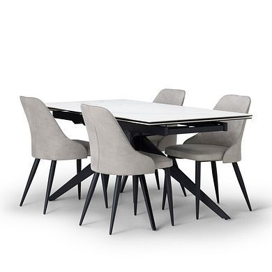 Trento White Ceramic Extending Dining Table + 4 Aria Dining Chairs in Light Grey with Black Metal Legs