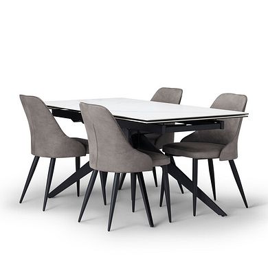 Trento White Ceramic Extending Dining Table + 4 Aria Dining Chairsin Dark Grey with Black Metal Legs