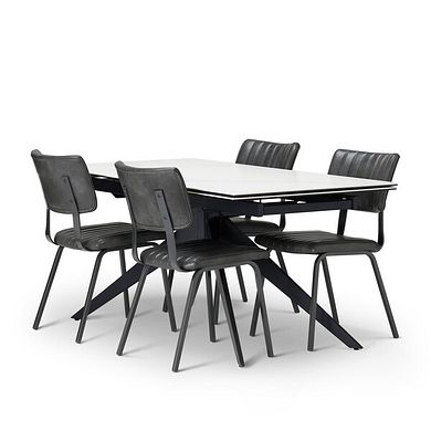Trento White Ceramic Extending Dining Table + 4 Mason Chairs Vintage Black Leather-Look fabric with Black Legs