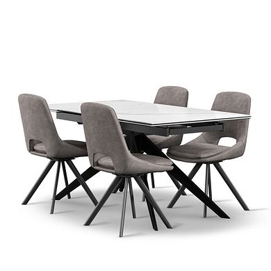 Trento White Ceramic Extending Dining Table + 4 Nico Swivel Dining Chairs in Dark Grey with Black Metal Legs