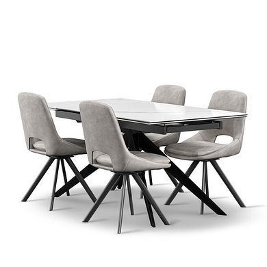 Trento White Ceramic Extending Dining Table + 4 Nico Swivel Dining Chairs in Light Grey with Black Metal Legs
