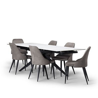 Trento White Ceramic Extending Dining Table + 6 Aria Dining Chairs in Dark Grey with Black Metal Legs