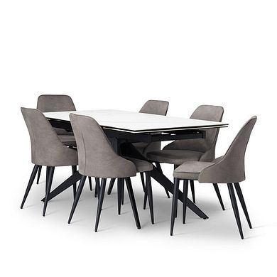 Trento White Ceramic Extending Dining Table + 6 Aria Dining Chairs in Dark Grey with Black Metal Legs