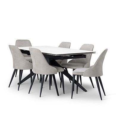 Trento White Ceramic Extending Dining Table + 6 Aria Dining Chairs in Light Grey with Black Metal Legs